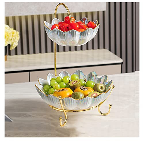 UPLKECNZD 2-Tier Fruit Bowl, Light Ceramic Dried Fruit Plate, Nuts Berry Display Stand, Snacks Storage Tray for Home Living Room Decoration/B Tray