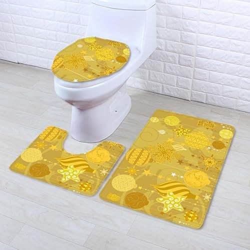 Bad Teppiche Set Gelber Weihnachtsball Badezimmerteppich Waschbar WC Vorleger mit Ausschnitt und WC Deckelbezug 3 Teilig Badematte rutschfest Toilettensitzbezug Badgarnitur 45x75 cm