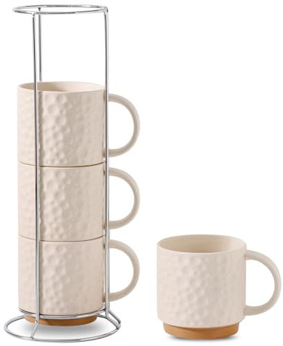 Nihow Ceramic Coffee Mug Set of 4, 16OZ Stackable Coffee Mug Set with Stainless Stand,Large Cup Set for Cappuccino,Tea,Hot/Cold Drinks,Dishwasher & Microwave Safe,Matte White