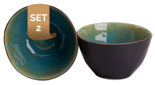 palmer Lotus Schalen - 2er-Set - Steinzeug - Ø 15 cm - 1 L - Türkis teilglasiert, organische Form - für Dessert, Snack oder als Beilagen schale - stapelbar, spülmaschinenfest