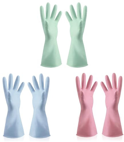 YTPAFK Washing Up Gloves, 3 Pairs Reusable Rubber Cleaning Gloves for Kitchen and Bathroom, Waterproof Dish Washing Gloves with Non-Slip Design, 12inch (31cm) in Pink, Blue, Green