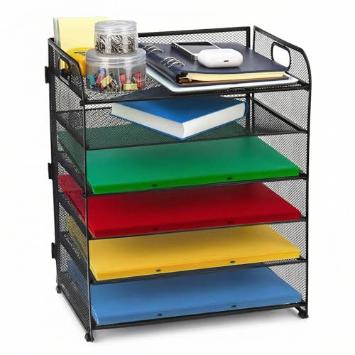 QWORK® 6 Ebenen Papier Organizer aus Mesh Metall in Schwarz, platzsparender Schreibtisch Akten Organizer