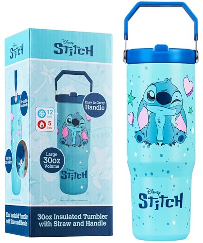 Get Trend Disney Stitch Thermobecher Edelstahl 850ml, Isolierter Trinkbecher mit Strohhalm & Henkel, Auslaufsicher Trinkflasche, Heiß- & Kaltgetränke (Blau Stitch)