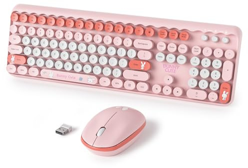 Vumilstek Cute Keyboard and Mouse Set Wireless, American QWERTY Retro Typewriter 2.4GHz Full Size Round Keys with Number Pad for Students Home Office PC Laptop(Bunny Pink)