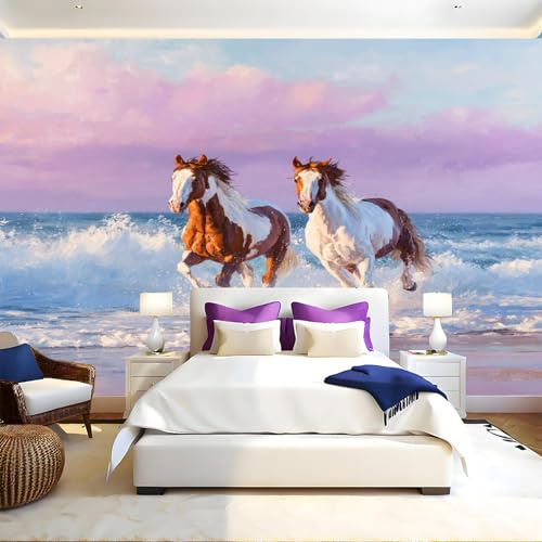 Animal Fotomurales Caballo de olas de playa Papel Pintado 250x175 cm Fotográfico Tejido No Tejido Fondo de Pantalla Mural Decoración de Pared Sala Cuarto Oficina Salón