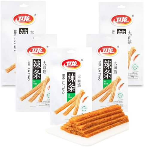 Wei Long Big La tiao – Snack Piccante Cinese | 5 Buste da 106 g | Bastoncini Croccanti al Peperoncino | Gusto Hot & Spicy | Street Food Tradizionale Cinese