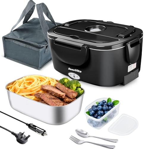 Dosevita Lonchera eléctrica de 80 W con calefacción más rápida, portátil, calentador de alimentos para el coche y el hogar, con contenedor extraíble de acero inoxidable 304, cuchara, tenedor y bolsa