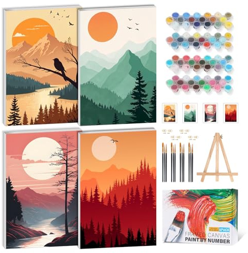 4 Stück Malen nach Zahlen Erwachsene Berglandschaft 20 x 30 cm mit Rahmen | DIY Acryl Malset für Anfänger, Landschaft Wanddeko, Entspannung, Staffelei, Wohnaccessoires, Geschenkidee