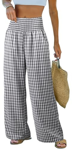 Dokotoo Womens Gingham Plaid Casual Wide Leg Striped Pants 2026 Casual Pants Maternity Lightweight Smocked Elastic Waist Work Wide Leg Pants Cute Plaid Clothes Vacation Outfits,Medium Grey Large
