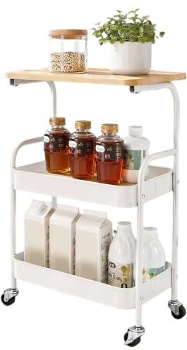 3 Tier Storage Trolley on Lockable Wheels with Table Top Metal Utility Cart | with Wooden Table Top, Utility Kitchen Storage Organizer for Book Beauty Craft, Trolleys for Bathroom, Office, Bedroom