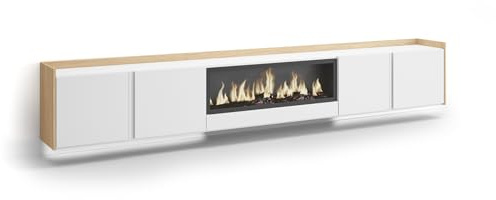 Skraut Home | Mueble TV | Muebles de salón, almacenaje | 315x50x35 cm | para televisión hasta 80 | Chimenea eléctrica XXL | Colgado, Suspendido | LED | Estilo Moderno | Blanco y Roble Soft