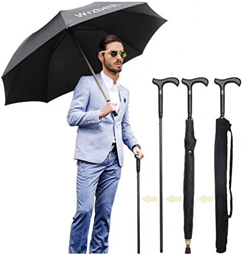 2-in-1 Walking Sticks Umbrella - Windbreak Ribs Walking Cane Crutch Self Protection Umbrella Heavy Duty Solid Tungsten Steel - Ideal Father's Gift for Climbing, Hiking on Raining (Classic:black)