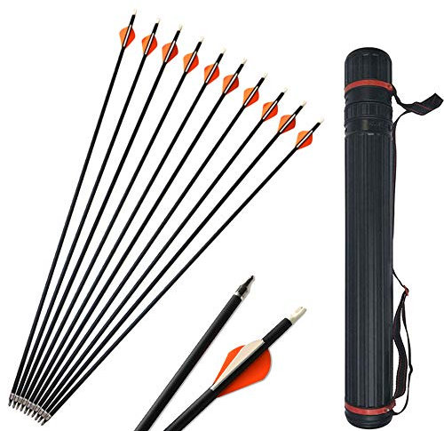 SHARROW 12 Stück Carbonpfeile 30 Zoll Jagdpfeile Pfeile für Bogen Bogenpfeile 500 Spine mit Pfeil Köcher für Recurvebogen und Compoundbögen (Pfeile+Köcher)