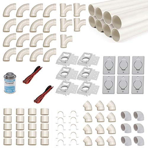 crossvac Zentralstaubsauger Einbau-Set für 6 Saugdosen mit Rohren, Fittings & Co. - Montageset für den DIY-Einbau Einer Staubsaugeranlage - Saugdose Deckel rund rechteckig