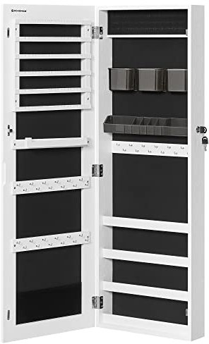 SONGMICS Schmuckschrank hängend, Hängeschrank, abschließbarer Spiegelschrank, Wandschrank mit rahmenlosem Ganzkörperspiegel und 2 separaten Make-up-Organizern, für Ketten, Ohrringe, weiß JJC001W01
