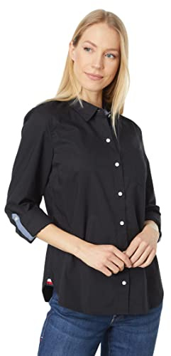 Tommy Hilfiger Solid Button Collared Shirt with Adjustable Sleeves Chemise à Bouton Bas, Noir 01, XL Femme
