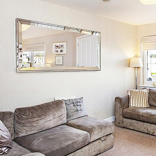 Chende 22 X 47 Angled Large Wall Mirror for Decor, Rectangular Decorative Mirror with 2 Big Beveled Edge and Stainless Steel Frame for Living Room, Bathroom, Entryway, Hang Horizontal/Vertical