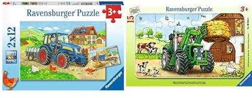Ravensburger Kinderpuzzle - 07616 Baustelle und Bauernhof - Puzzle für Kinder ab 3 Jahren, mit 2x12 Teilen & Kinderpuzzle 06044 - Traktor auf dem Bauernhof - Rahmenpuzzle