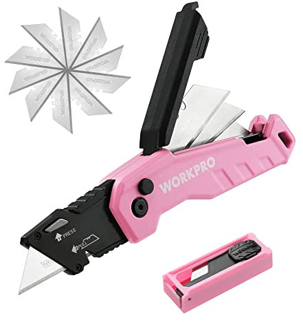 WORKPRO Teppichmesser aus Aluminium, Faltbares Universalmesser Cuttermesser mit Schnellwechselklinge und Gürtelclip, Klingenaufbewahrung, Safety-Lock-Design, mit 13 zusätzlichen Klingen, Rosa