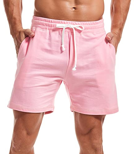 Amy Coulee Mens 5.5 Inch Cotton Casual Sweat Shorts with Pockets (Pink, L)
