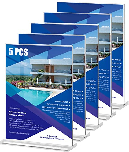 WenYa A4 Acrylic Sign Holder, 5PCS Clear Acrylic Poster Menu Holder, Sign Holder T Shaped Double Sided, Wall Sign Memo Document Menu Holder