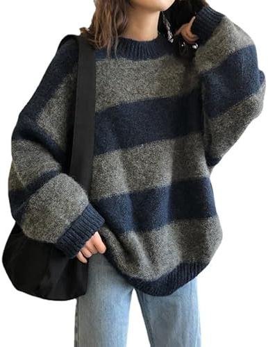 Randig tröja för kvinnor stickad Fairy Grunge långärmad pullover överdimensionerad jumper toppar Y2K gotisk Harajuku kläder, BLÅ, one size