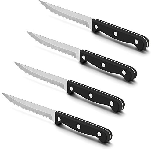 Herogo Steak Knives Set of 4, Stainless Steel Serrated Sharp Dinner Kitchen Steak Knife with Ergonomic Handle, for Home/Restaurant, Dishwasher Safe