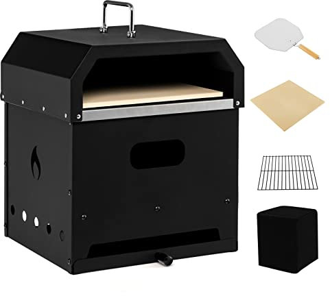 GYMAX Horno de Pizza 4 en 1, Estufa de Leña con Piedra para Pizza y Espátula para Pizza, Barbacoa al Aire Libre con Cubierta Impermeable de Tela Oxford y Mango, para Camping, Fiestas y Barbacoas