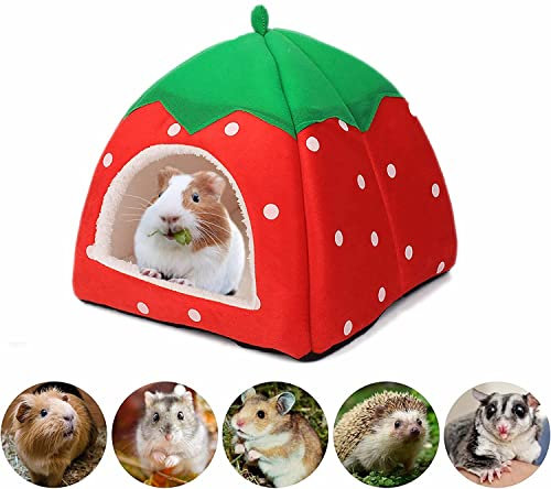 Norhogo Kleintier-Winterhaus, Erdbeer-Design Kuschelsack Waschbar, Weicher Haustier-Schlafsack, für Hamster Meerschweinchen Chinchilla Eichhörnchen Igel, Zwergkaninchen, M, 28 * 25 * 25cm
