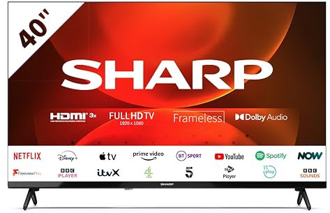 SHARP 2T-C40FH6KL2AB 40-Inch 2022 FHD Android Smart Frameless LED TV with Freeview Play, 1080p, Dolby Digital, Google Assistant, HD Tuner, Chromecast built-in, 3x HDMI, 2 x USB & Bluetooth – Black