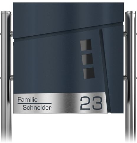 Graviers Design Briefkasten in Anthrazit RAL 7016 mit Standfuß freistehend - Sichtfenster Postkasten personalisiert Edelstahl Namen Hausnummer Laserschnitt Gravur mit Schloss Zeitungsfach
