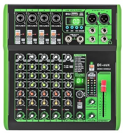 DI-4/6/8UX Serie Professioneller Audiomixer mit 99 DSP Digitaleffekten USB MP3 Eingang 48V Professionelle Phantomspeisung Mikrofonvorverstärker für DJ Mixer Konsole Tonstudio (DI-6UX)
