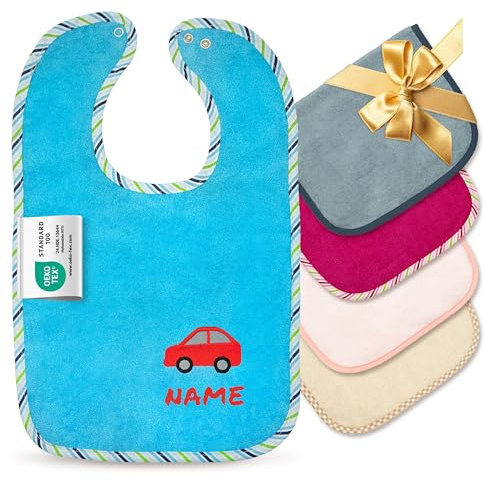 Baby Lätzchen mit Namen bestickt, OEKO-TEX® Standard 100 - Personalisiertes Sabberlätzchen aus reiner Baumwolle mit gesticktem Namen und Motiv