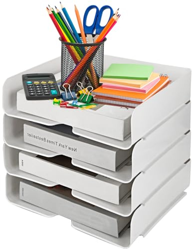 ASelected A4 Ablagefächer Stapelbar, Ordnungssystem Büro, 4-stöckige Ablagekorb, Dokumentenablage, 31,5 x 24,5 x 7 cm, für Papier, Zeitschriften, Quittungen, Bürobedarf (weiß）