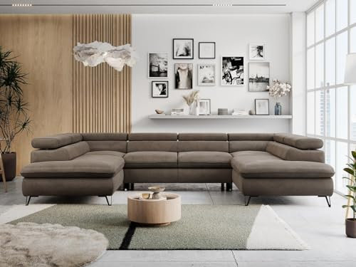 MKS MEBLE Sofa U-Form Braun, Wohnlandschaft U-Form, Sofa mit Schlaffunktion und Bettkasten, Schlafsofa mit Bettkasten, Couch mit Verstellbare Kopfstützen - Peter U - Braun Velvet Hydrophob