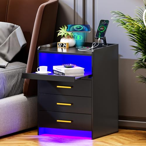 Lvifur LED-nattduksbord med laddningsfunktion, smart nattduksskåp med 24 färger dimbar ljus, högglans skänk med 3 lådor USB Type-C automatisk sensor sovrum svart