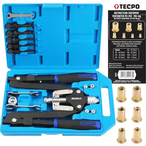 TECPO Set di 14 pinze per rivetti ciechi con dadi rivetti, 190 pezzi [M3-M12]