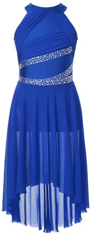Jugaoge Niñas sin Mangas Brillante Diamantes de imitación Lírica Ballet Maillot Leotardo con Falda Irregular Niños Contemporáneo Moderno Latino Danza Vestidos, azul cobalto, 134-140