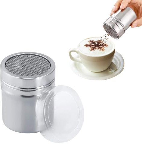 Acero inoxidable Puderzuckerstreuer,Kakaostreuer con tapa de retención fresca, esparcidor de azúcar en polvo, molinillo de azúcar en polvo, para capuchino, azúcar en polvo, azúcar, sal, cacao, harina,