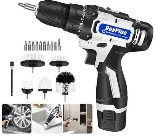 2-in-1 Akku-Bohrmaschinen- und Bohrmaschinen-Scheuerbürsten, Akkuschrauber, Power-Schrubberbürste mit 2 Stück 1500 mAh Lithium-Ionen-Akku, 2 variable Geschwindigkeiten, 45 Nm für Heimwerkerarbeiten,