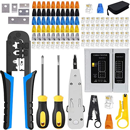 MAYLINE Pinza Crimpatrice rj45 Strumenti Kit di Rete Professionali,RJ12 RJ11 CAT5 Cirmpatura per Cavi ReteCAT6 Manutenzione del Kit LAN Tester del Cavo Strumenti di Riparazione (blu)