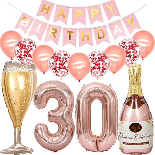 Feelairy Luftballon 30. Geburtstag Deko Frau, Rosegold Folienballon Weinflasche Sektflasche Helium Ballon Champagner Flasche, Girlande Happy Birthday Deko für Geburtstagsdeko 30 Jahre Frauen