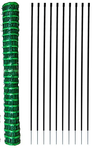 Green Plastic Barrier Mesh With Posts, Temporary Fence Safety - 50m Roll. 1m High Moveable Boundary Fence, Flexible Security Fence