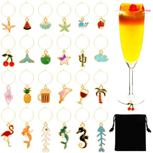 SRIZIAN 24Pcs Wine Glass Charms, Sumner Beach Fruit Sea Style Wine Glass Markers Wine Glass Identification Tags for Stem Glasses Christmas Wedding Party Decorations