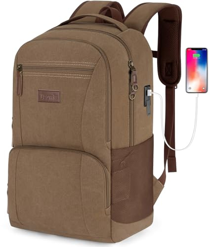 Tzowla Sac a Dos Ordinateur Portable College en Toile pour Homme et Femme,Sac à dos Vintage Voyage avec Port de USB/Type-C,Sac a Dos Randonnée Décontracté pour PC Portable de 15,6 Pouces-Marron