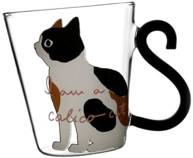 OKUMEYR Tasse en Verre 250ml Style Japonais avec Anse Motif Chat Résistant la Chaleur Bords Polis pour Café et Thé