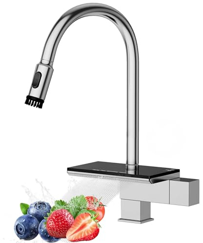 Brushed Nickel Stainless Steel Kitchen Faucet with Pull-Down Sprayer and Waterfall Spout, Single Handle Design