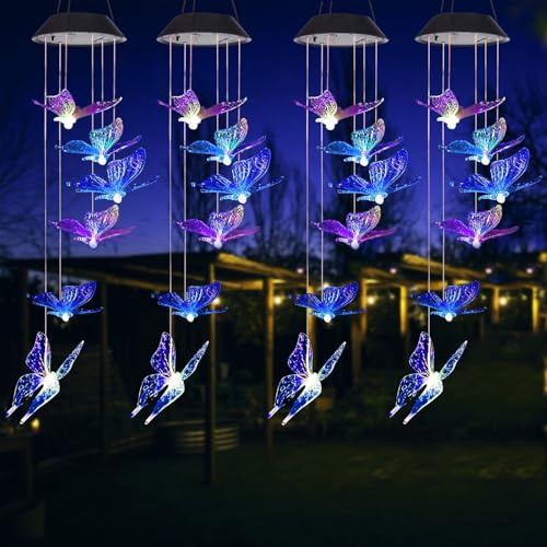 ZVO Schmetterling Solar Windspiel Garten - 4er Set Solar Sschmetterlinge für außen Hängend, Balkondeko Hängeleuchte für Mama Oma Kind - Mehrfarbig