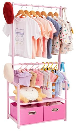 Yorbay Kinder Bambus Kleiderständer mit 2 Aufbewahrungskörben und 2 Verstellbaren Hängestangen, Kinder Garderobenständer für Kostüme im Kinderzimmer mit Regal, Anziehständer für Spielzimmer(Rosa)