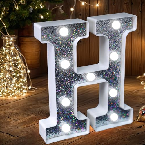 LED Marquee Letter Lights, Light Up Silver Glitter Letters Sign Battery Powered Night Light for Birthday Party Wedding Home Decoration Baby Shower-H